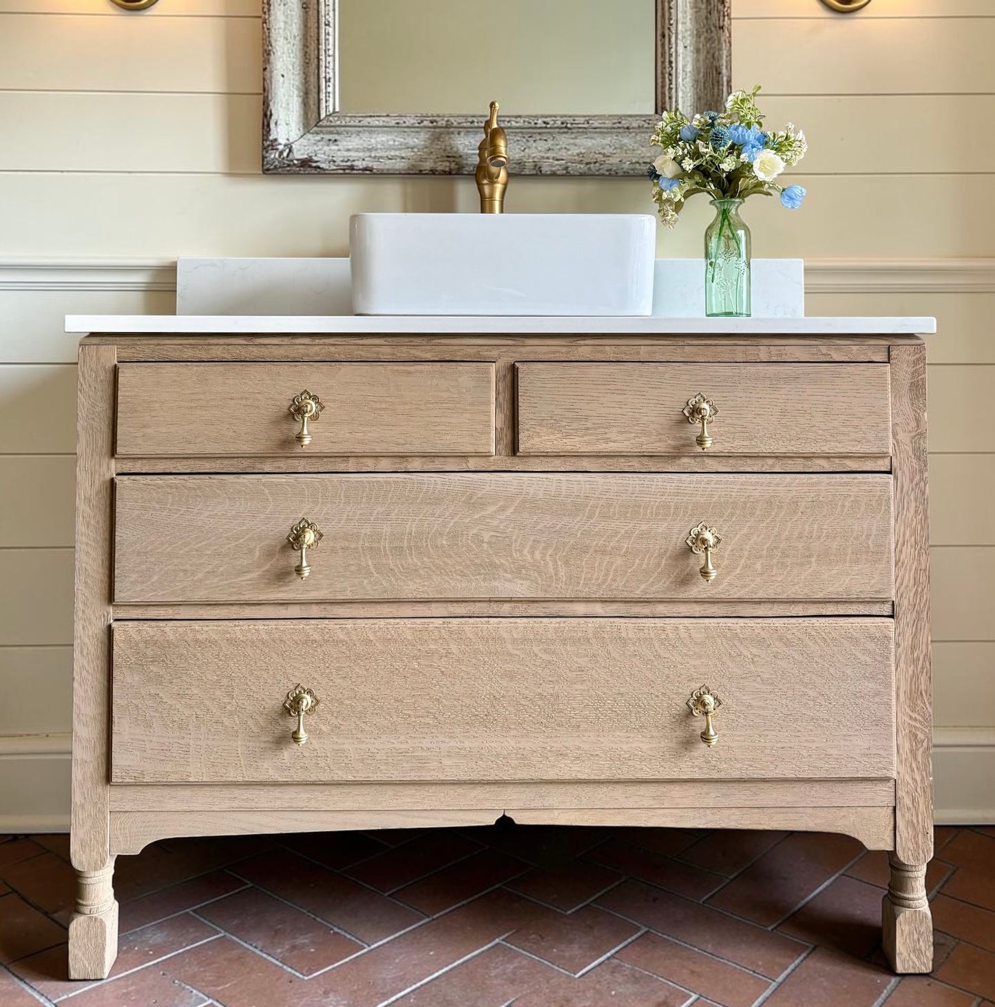 Rustic Oak Vanity Sink Unit, Quartz Top, Upstand and Basin. (105cm)