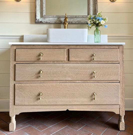 Rustic Oak Vanity Sink Unit, Quartz Top, Upstand and Basin. (105cm)