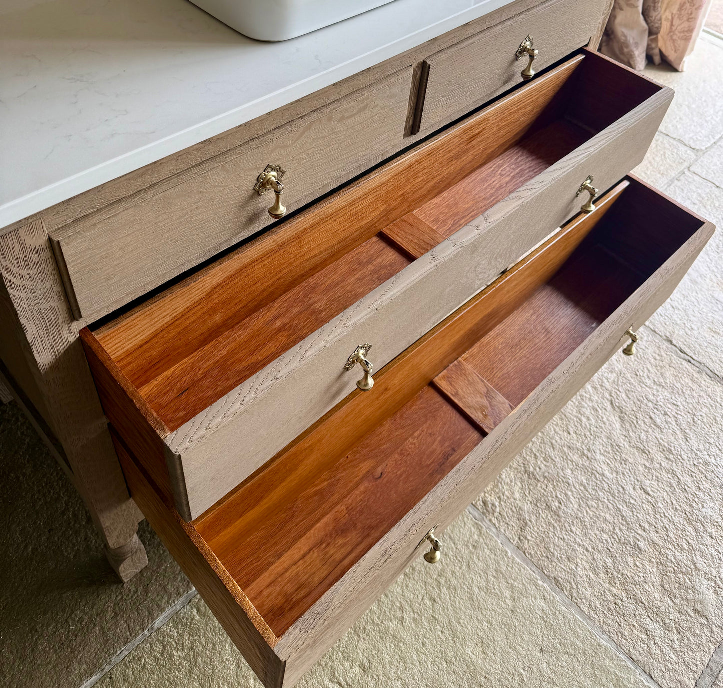 Rustic Oak Vanity Sink Unit, Quartz Top, Upstand and Basin. (105cm)
