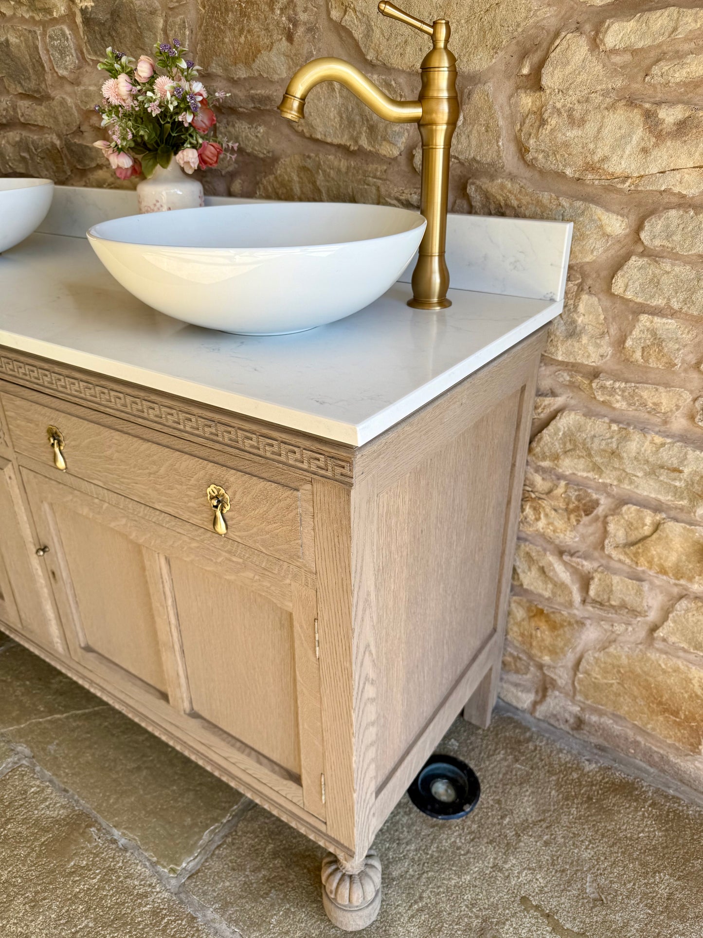 Vintage Double Oak Vanity Sink, Carrara Quartz top, Upstand and two basins. (138.5cm wide)