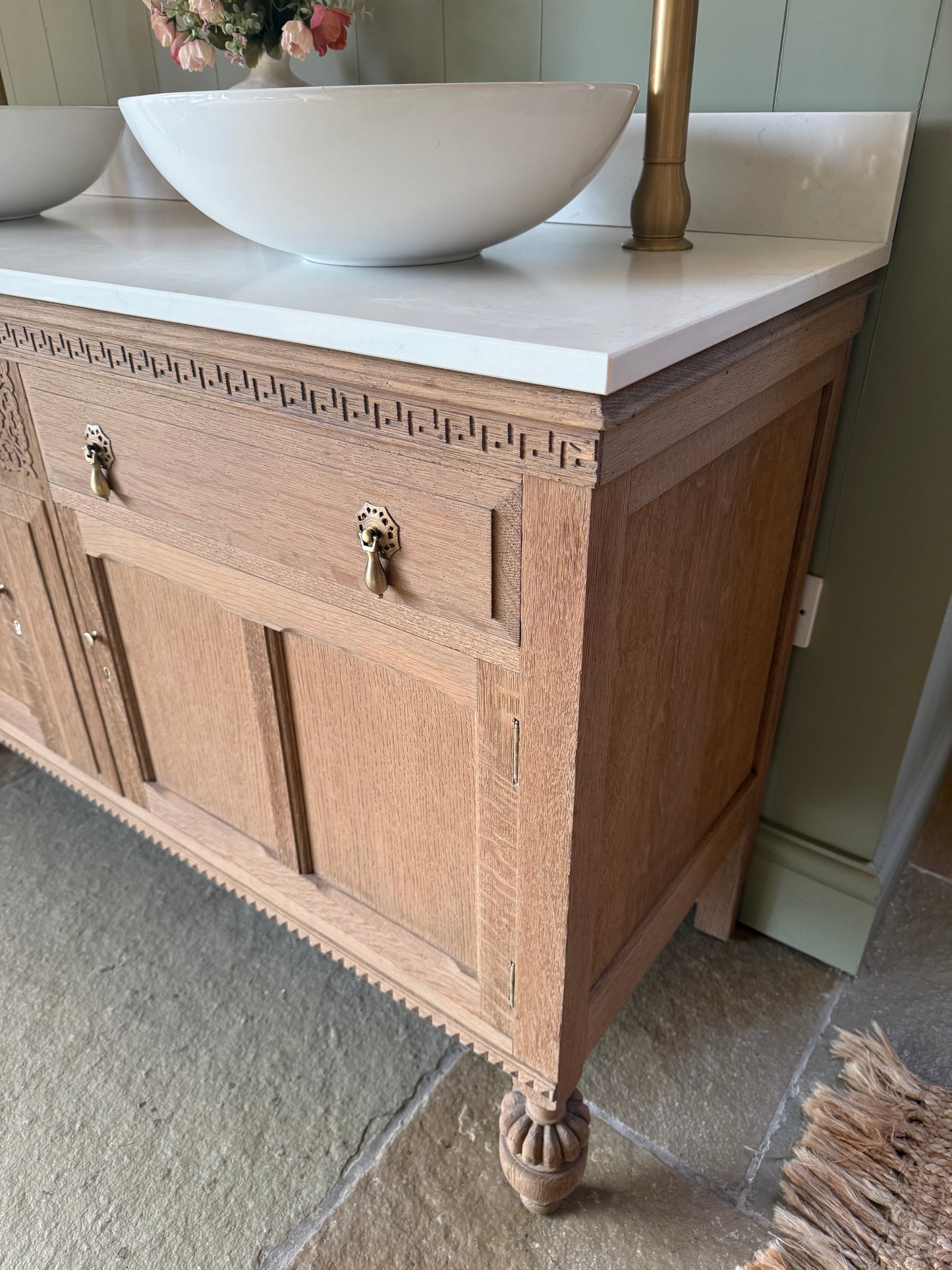 Oak Vanity Sink, Carrara Quartz Top, two basins and Upstand (138cm)