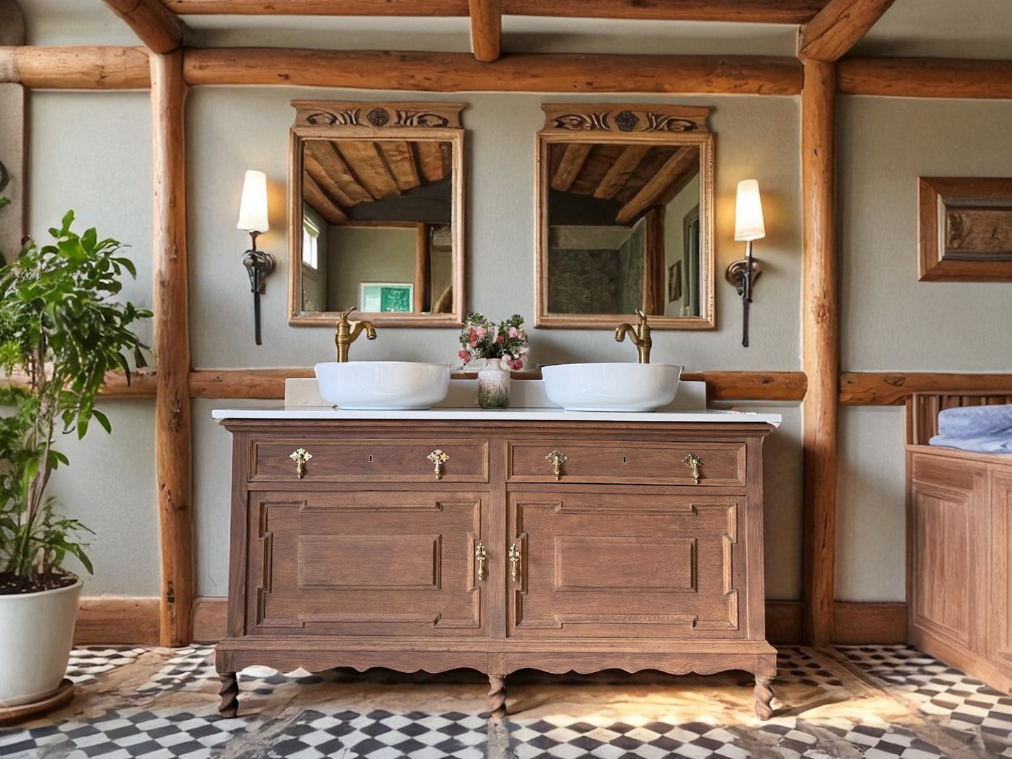 Vintage Oak Double Vanity Sink, Quartz top, Upstand and two basins. (153cm wide)
