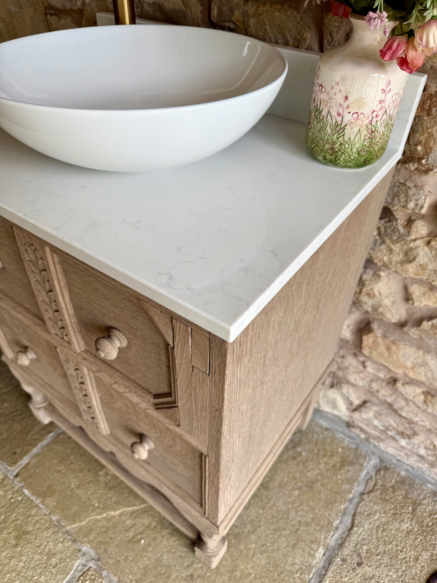 Small Vintage Oak Vanity Sink, Quartz Top, Upstand and Basin (63cm wide)