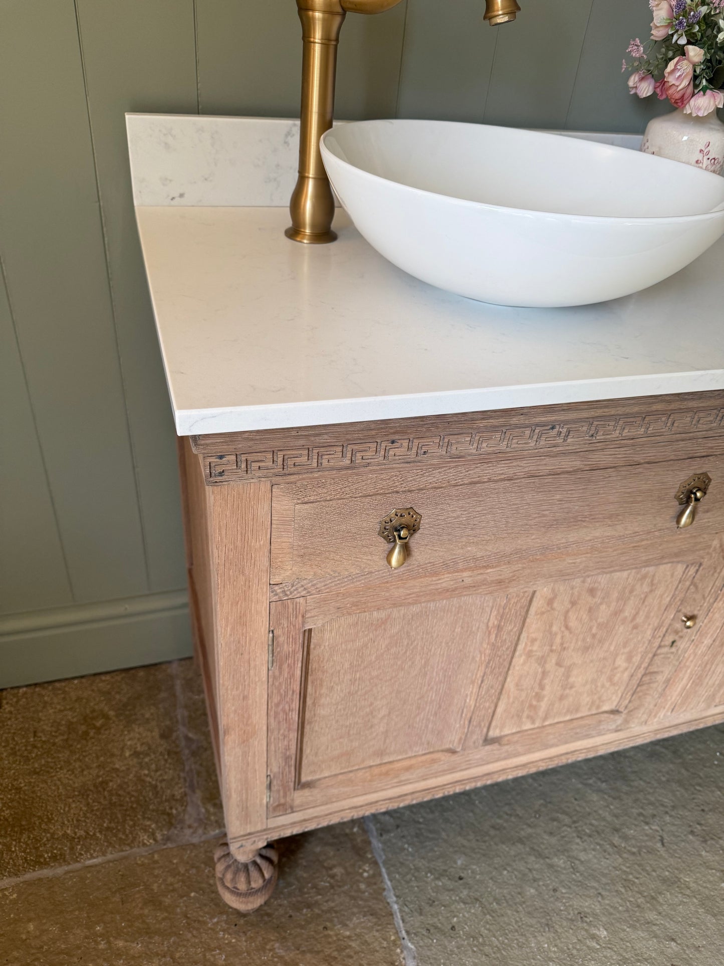 Oak Vanity Sink, Carrara Quartz Top, two basins and Upstand (138cm)