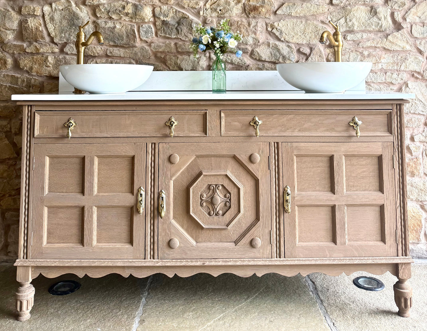 Large Vintage Oak Double Vanity Sink, Quartz Top, Upstand and two basins. (155cm wide)