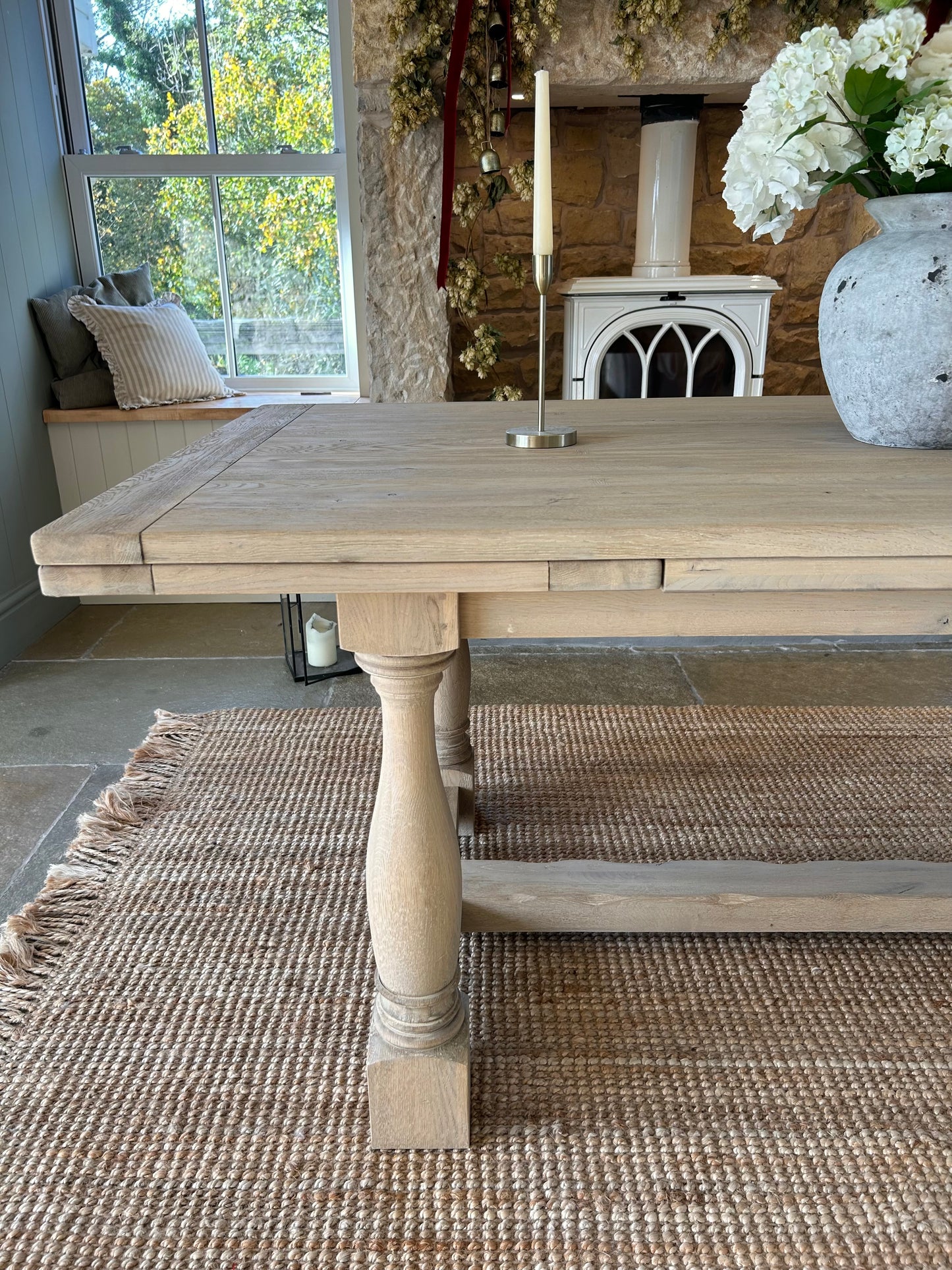 Large Extending Solid Oak Dining table refinished in a light weathered oak. (183cm-290cm)