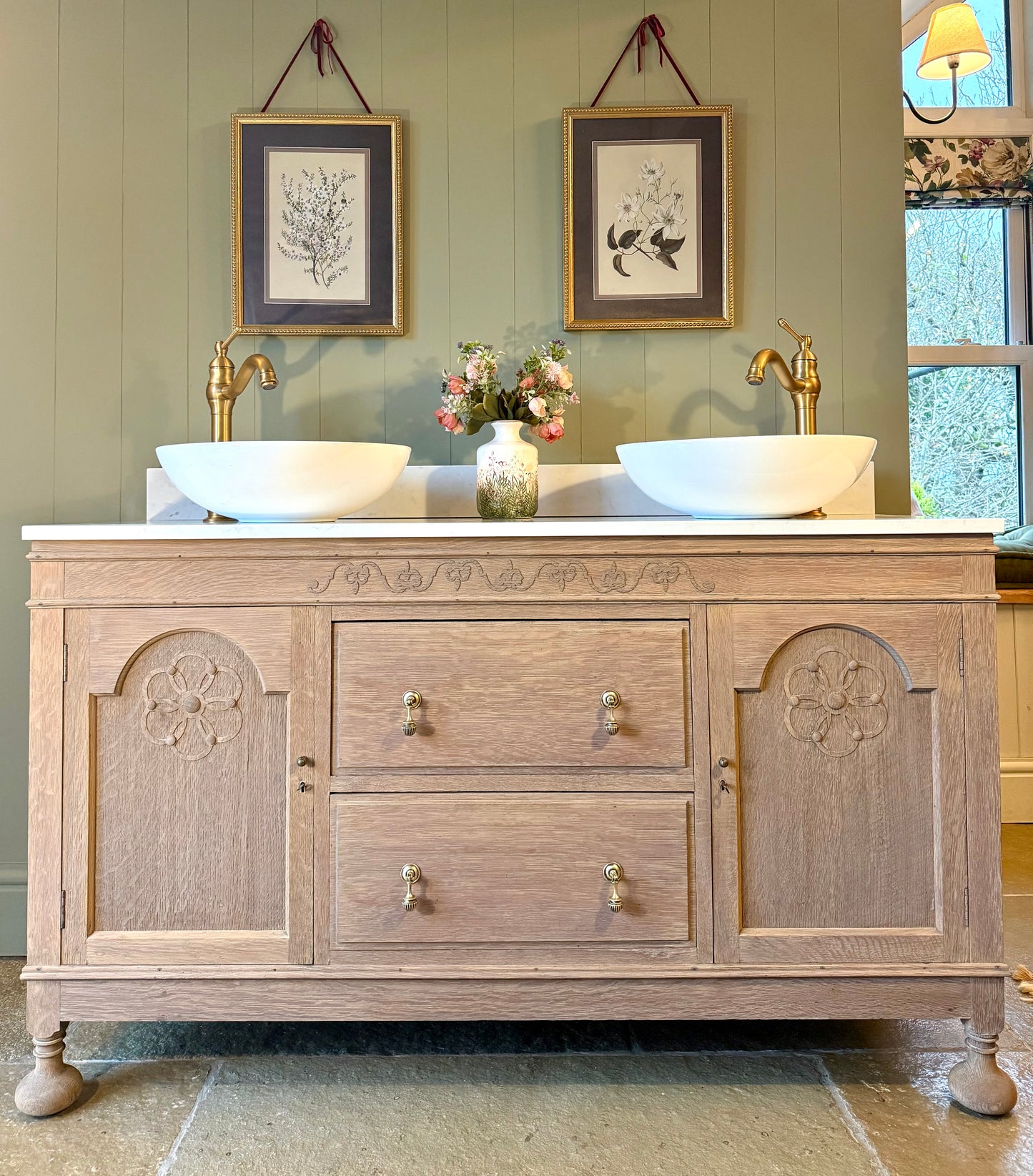 Vintage Oak Double Vanity Sink, Quartz top, Upstand and two basins (138cm wide)