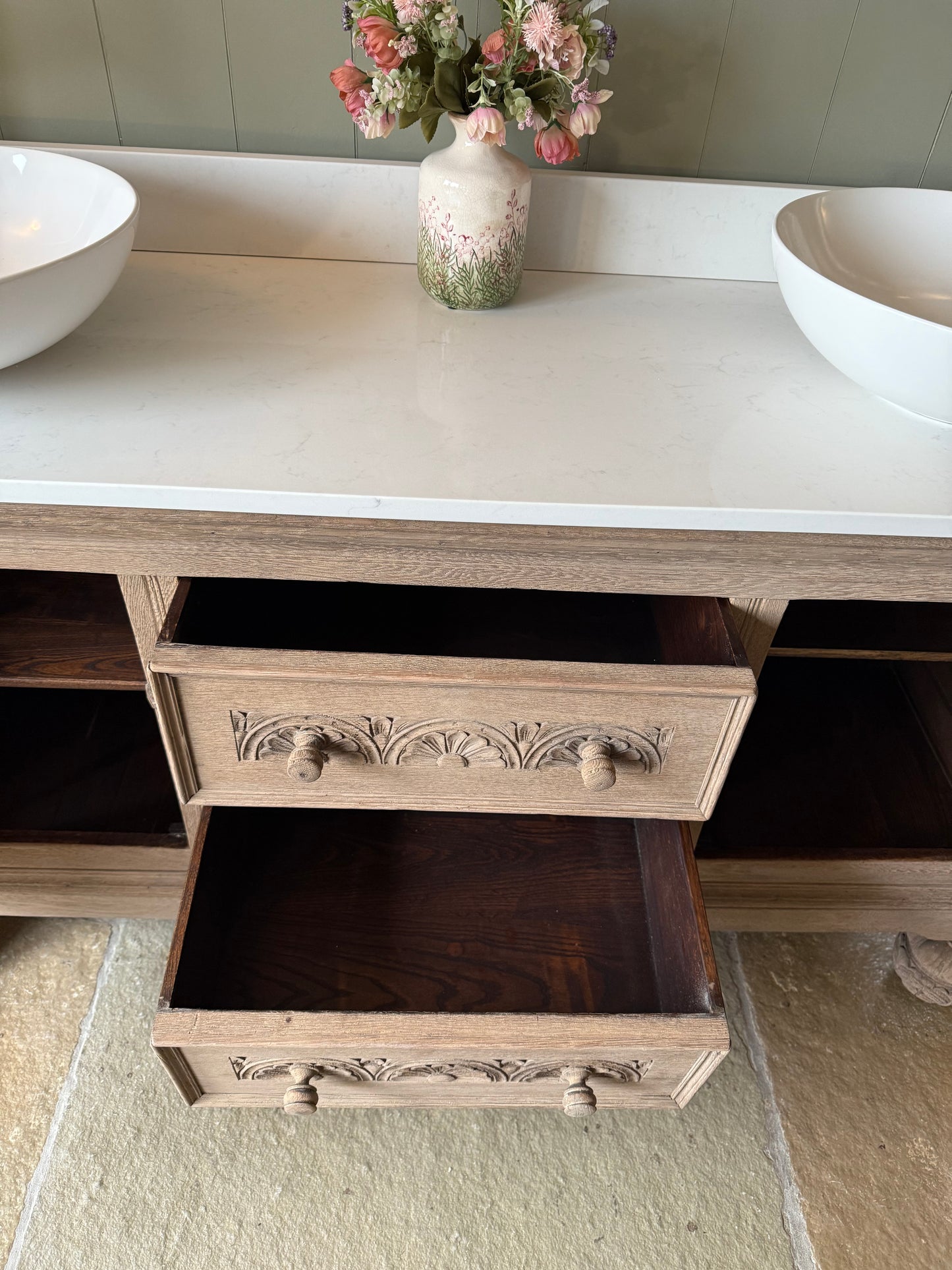 Vintage Solid Oak Double Vanity Sink Unit, Quartz Top, Upstand and two basins