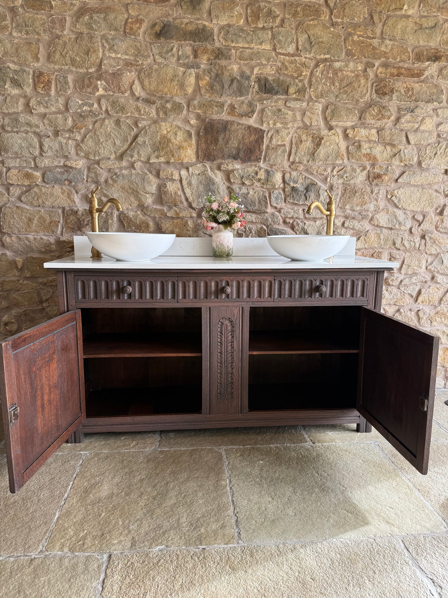 Vintage Vanity Sink Unit in a Classic Dark Oak, Quartz Top, Upstand and Two basins (155cm wide)