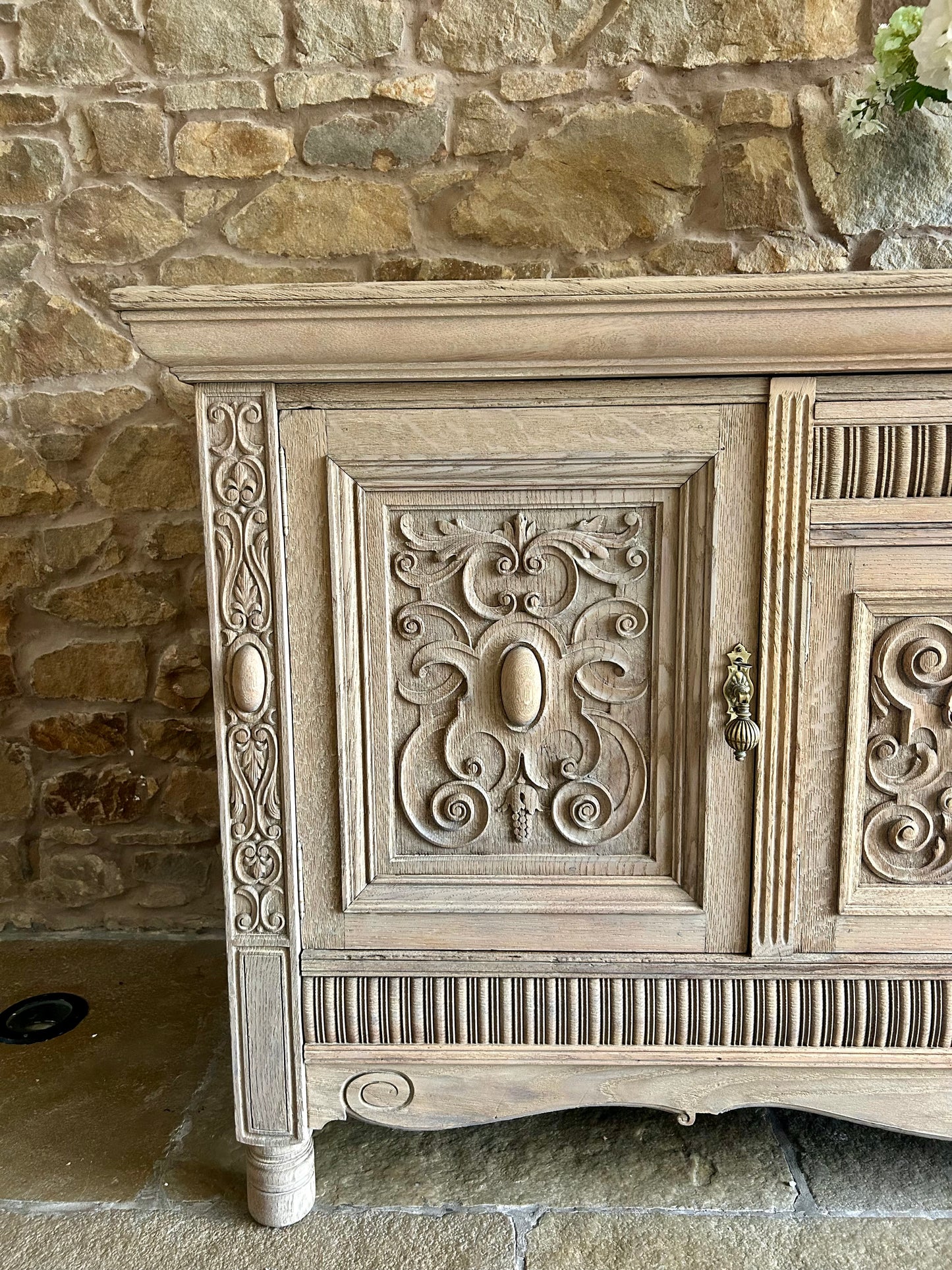 Extra Large Ornate Solid Oak Sideboard finished in a light weathered oak finish.