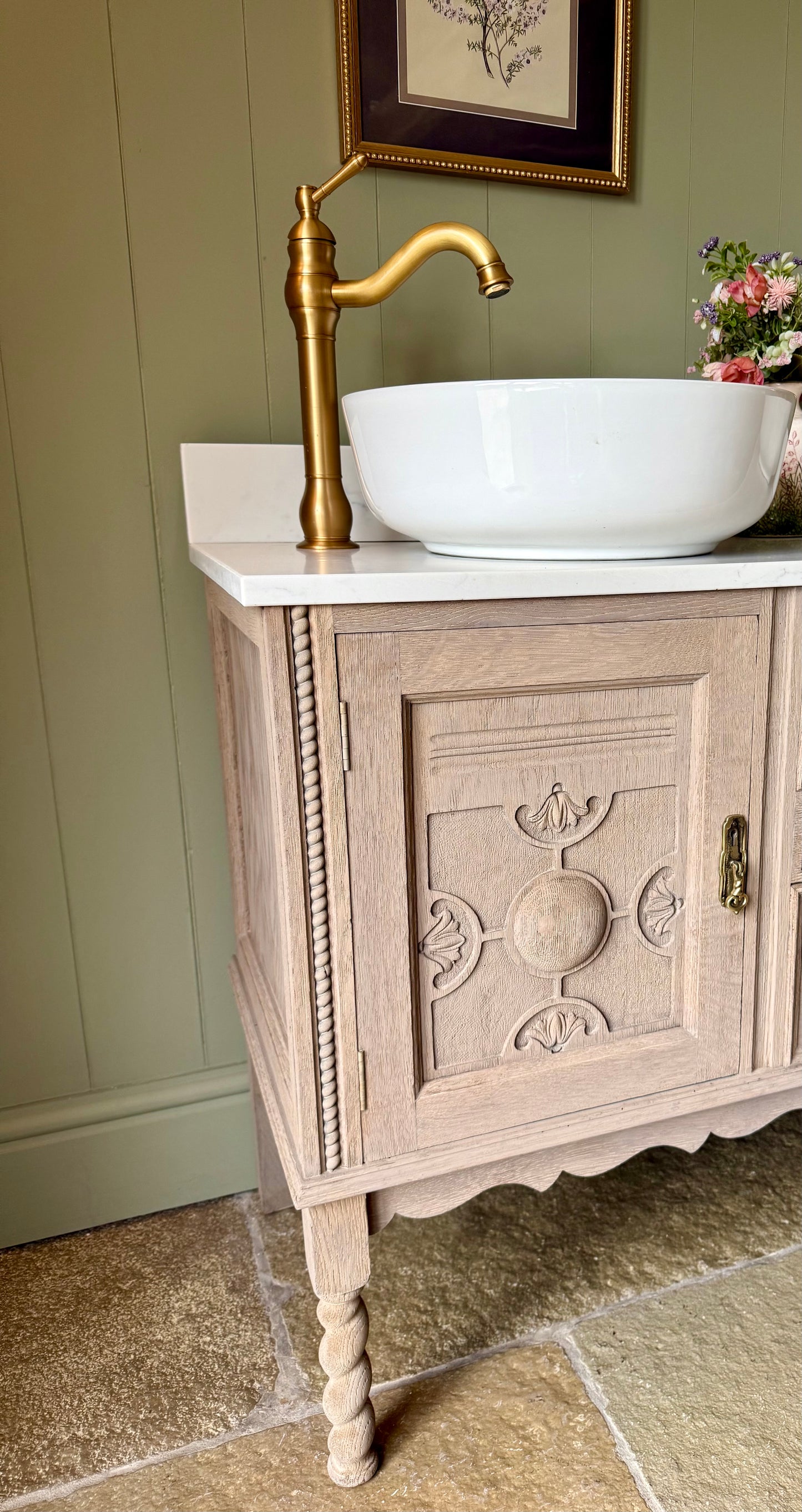 Vintage Solid Oak Double Vanity Sink, Carrara Quartz top and two basins. (137cm wide)