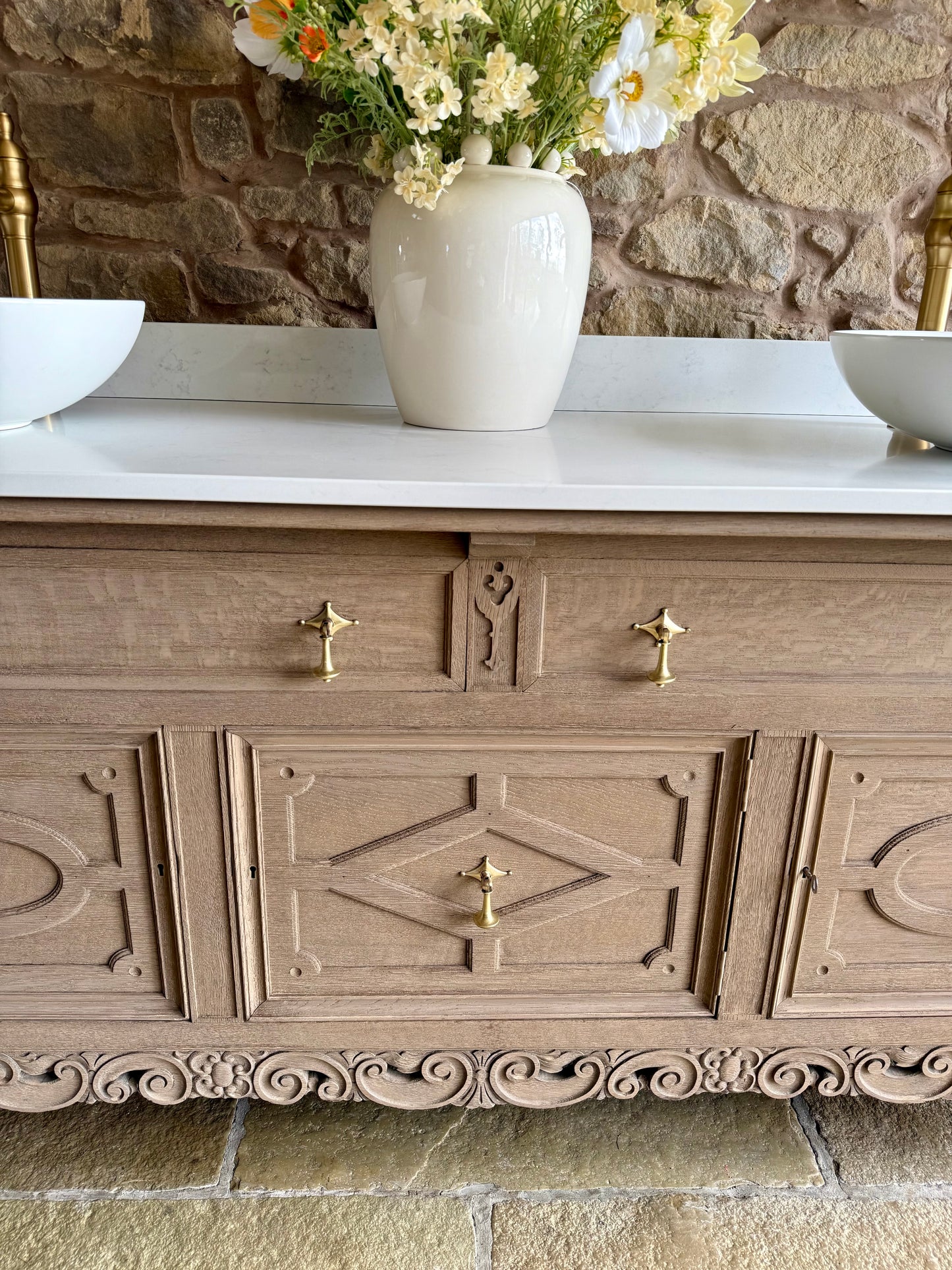 Large Double Vanity Sink, Quartz Top, Upstand and two basins (185cm wide)