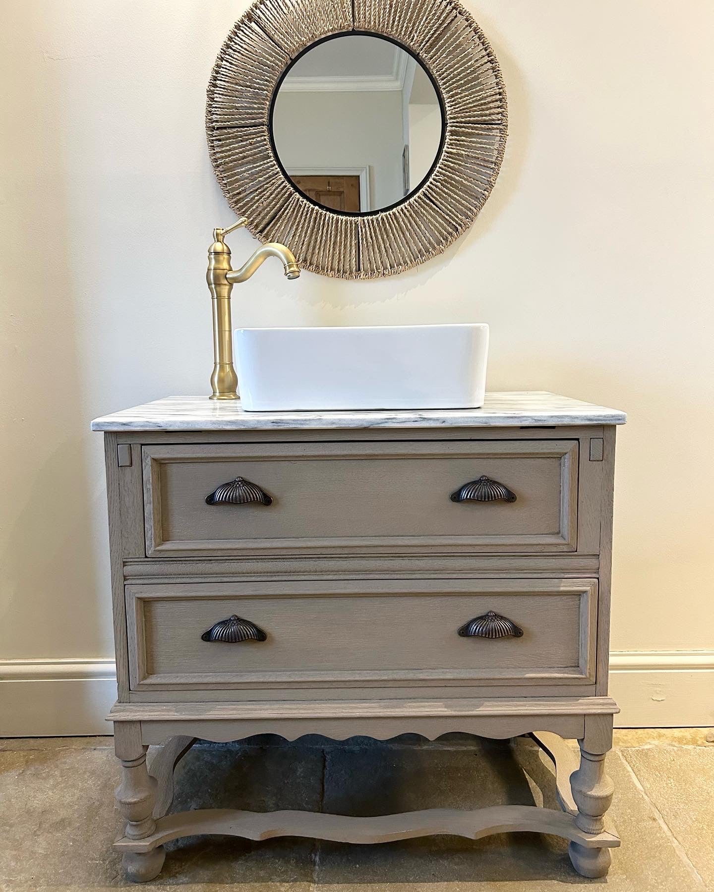 Vintage Marble Topped Vanity Sink finished in a Weathered Oak Style