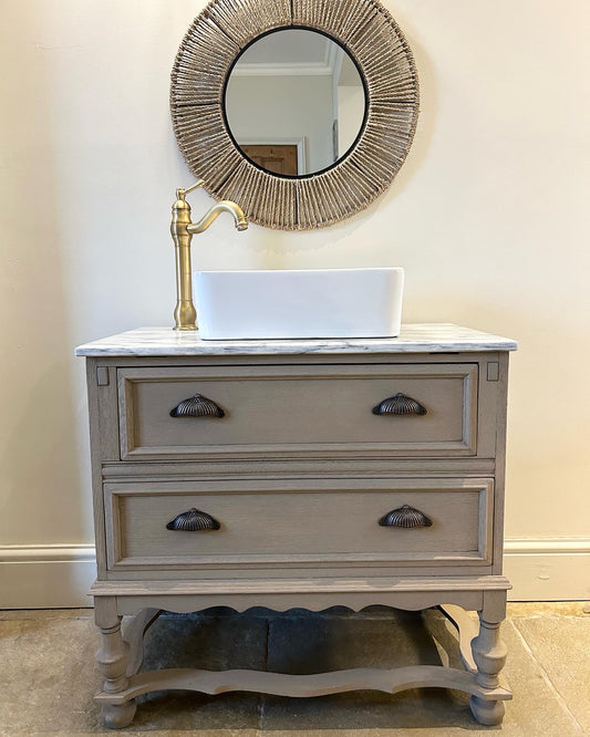 Vintage Marble Topped Vanity Sink finished in a Weathered Oak Style