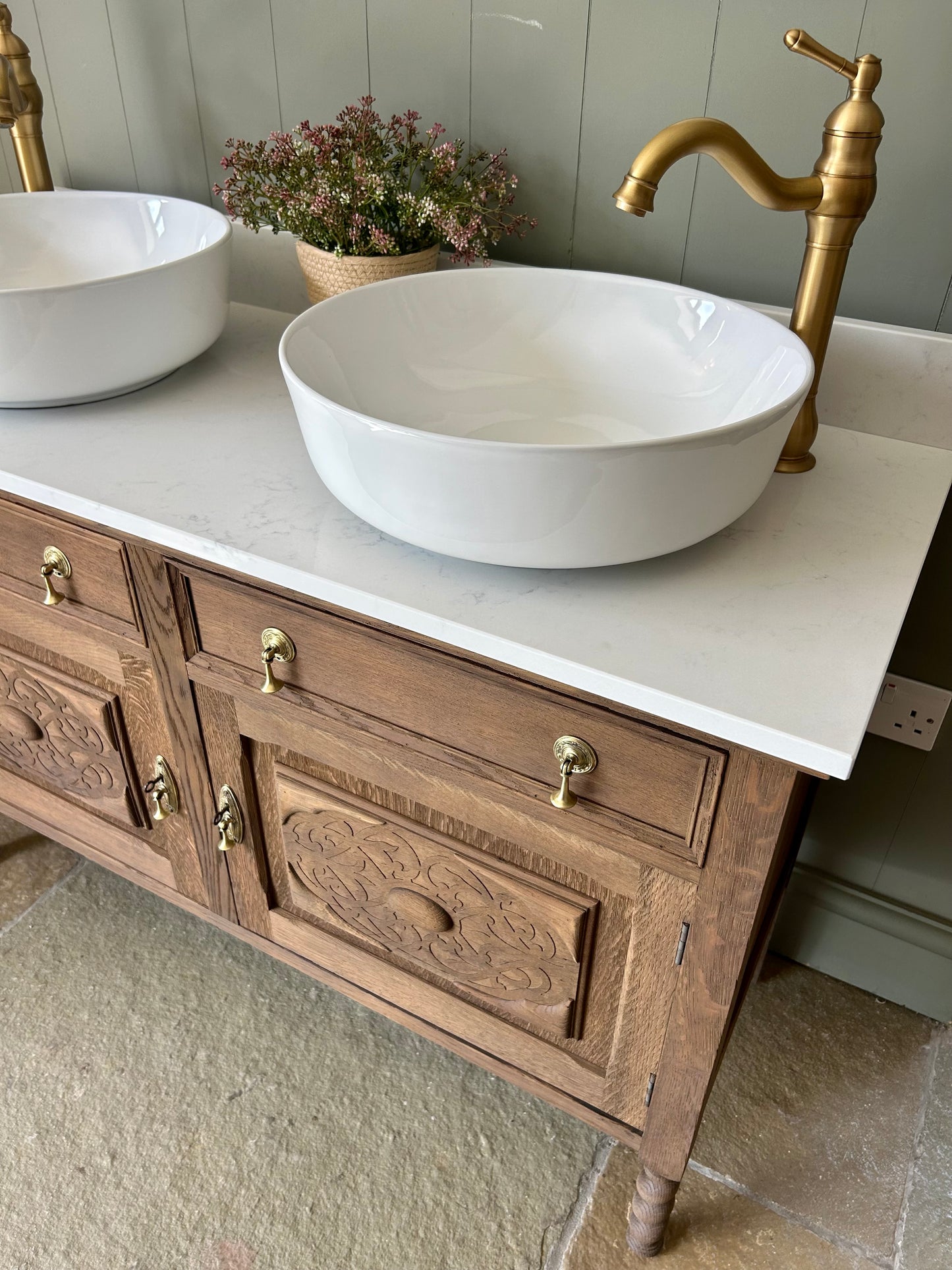 Vintage Mid Oak Double Vanity Sink, Carrara Quartz Top, Upstand and two countertop basins. (124cm wide)