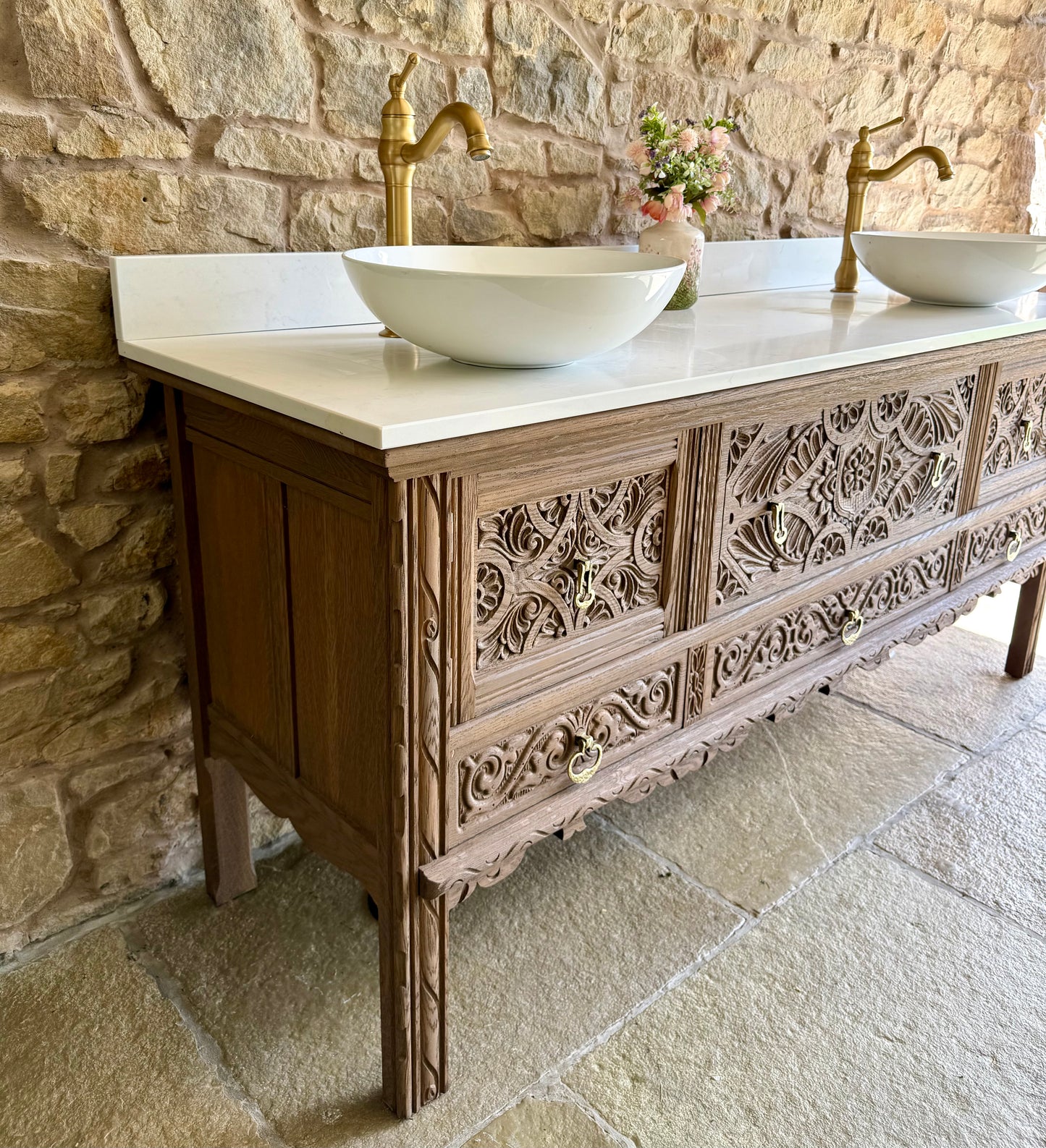 Large Ornate Warm Oak Vintage Vanity Sink Unit, Carrara Quartz Worktop, Upstand and Two Basins (185cm wide)