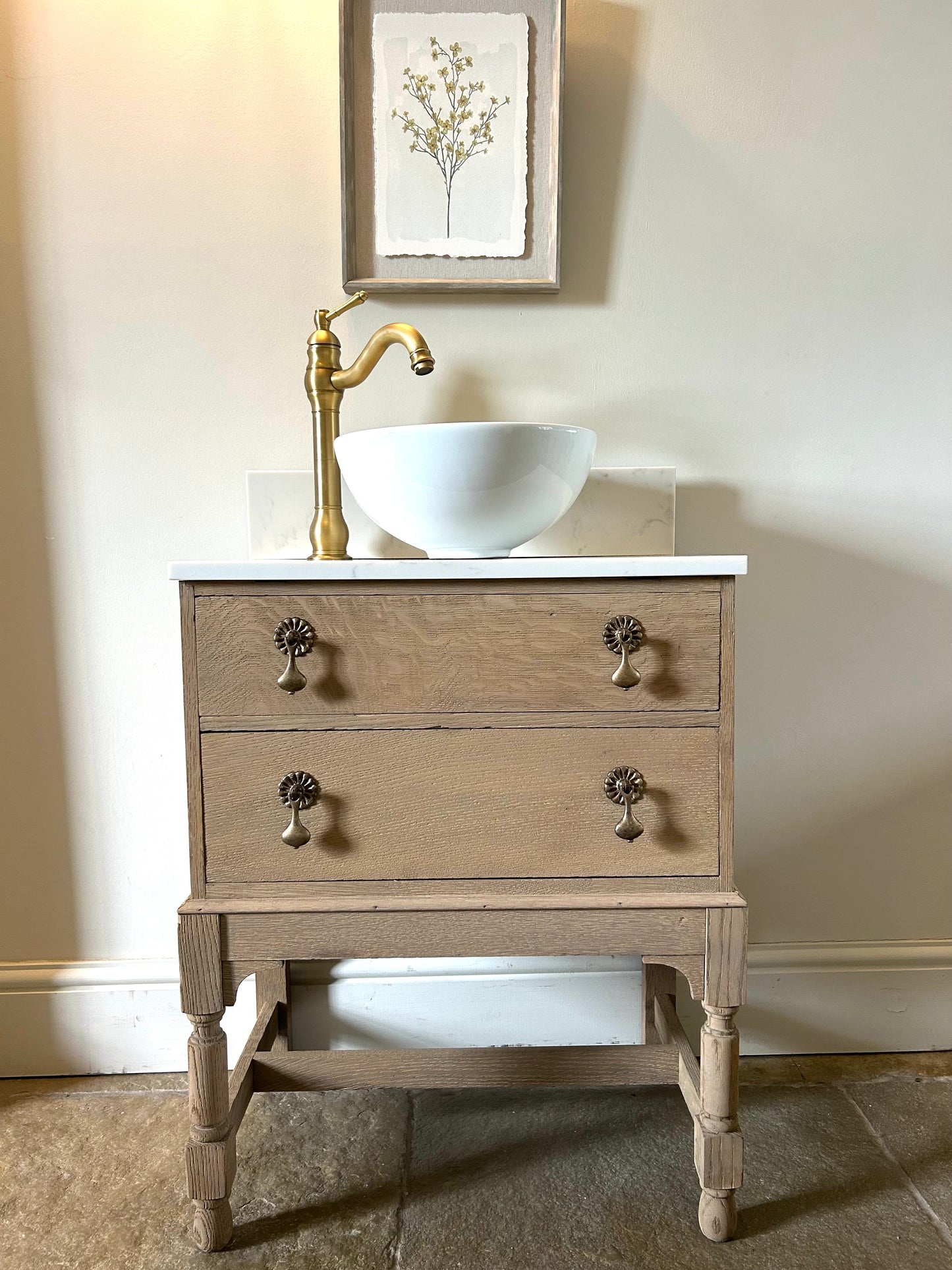 Small Marble Quartz top vanity Sink unit. Weathered Solid Oak 60cm wide