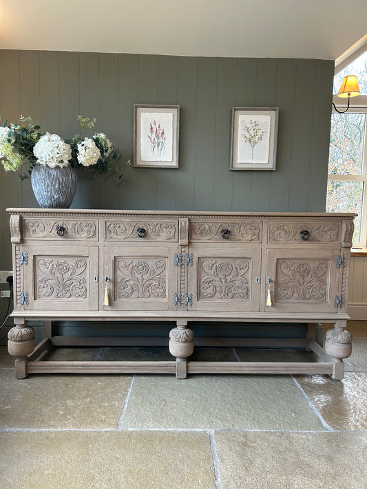 Vintage Carved Weathered Oak Sideboard