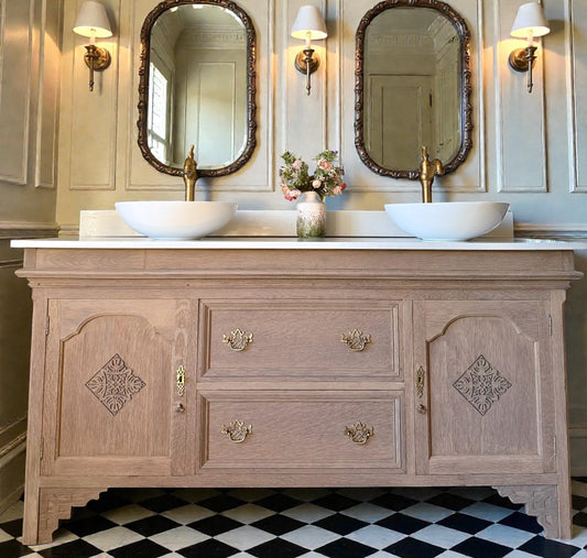 Large Vintage Vanity Sink, Carrara Quartz top, Upstand and two basins (168cm wide)