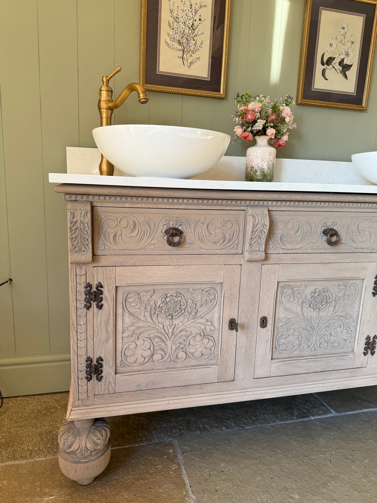 Solid Oak Vintage Double Vanity Sink Unit, Quartz top, Upstand and two basins