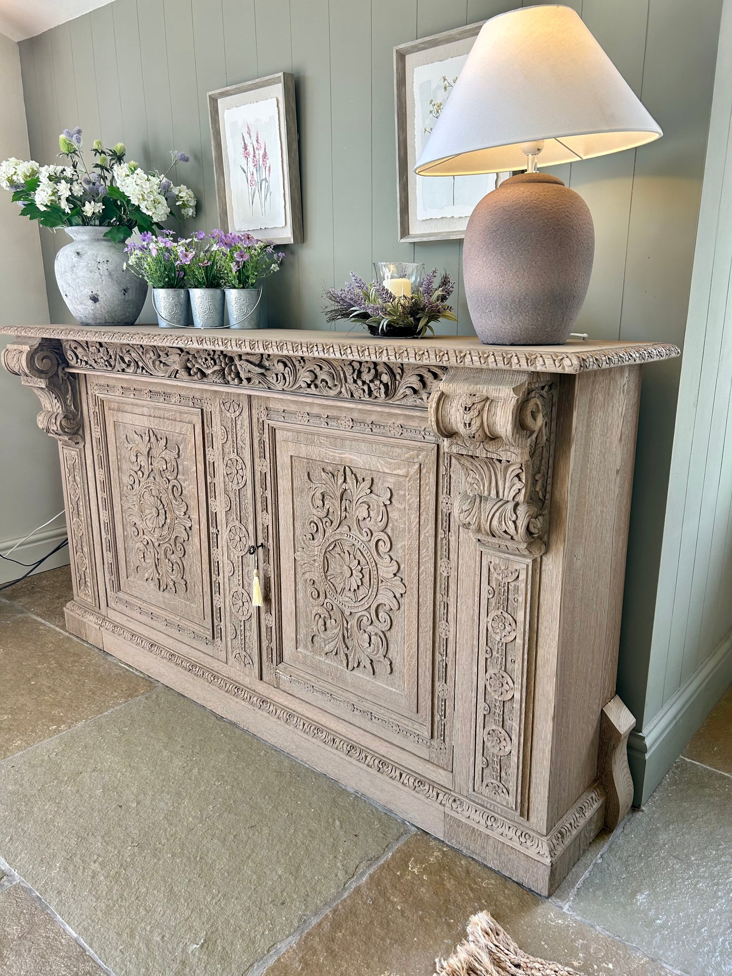 Ornate antique Sideboard Console Solid Oak finished in a light weathered oak style.