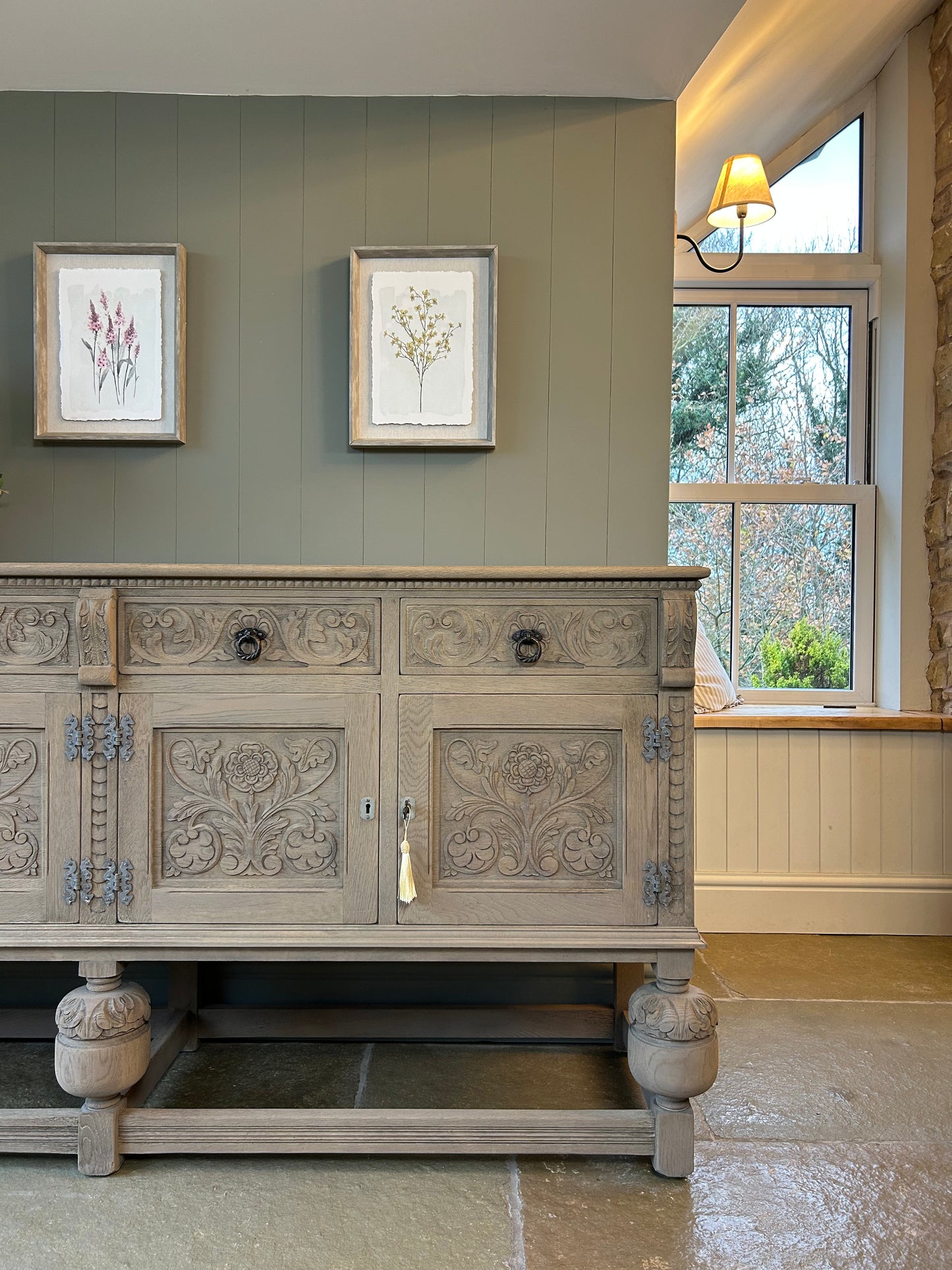 Vintage Carved Weathered Oak Sideboard