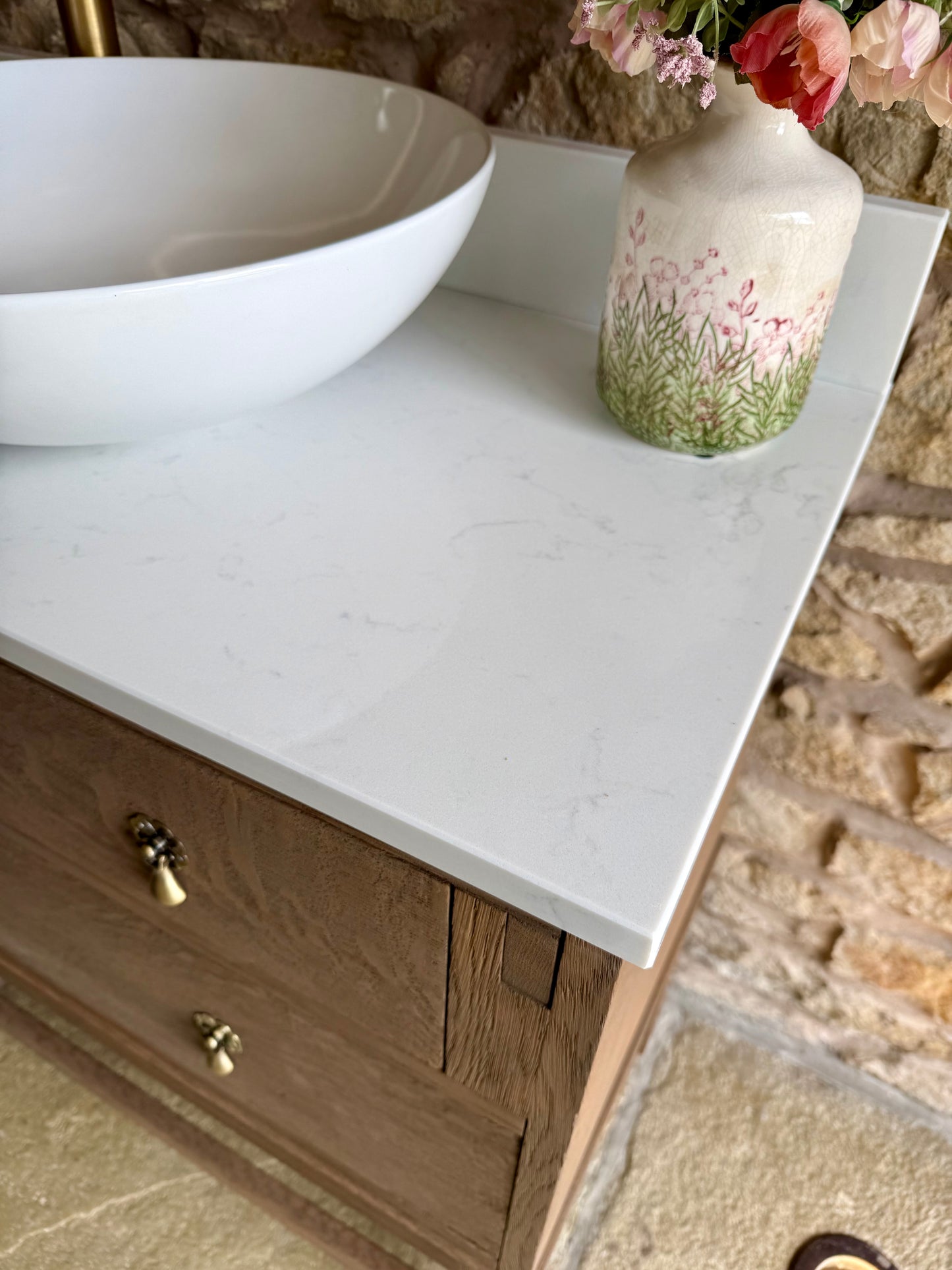 Vintage Oak Vanity Unit Quartz Top Upstand and Basin (79cm wide)