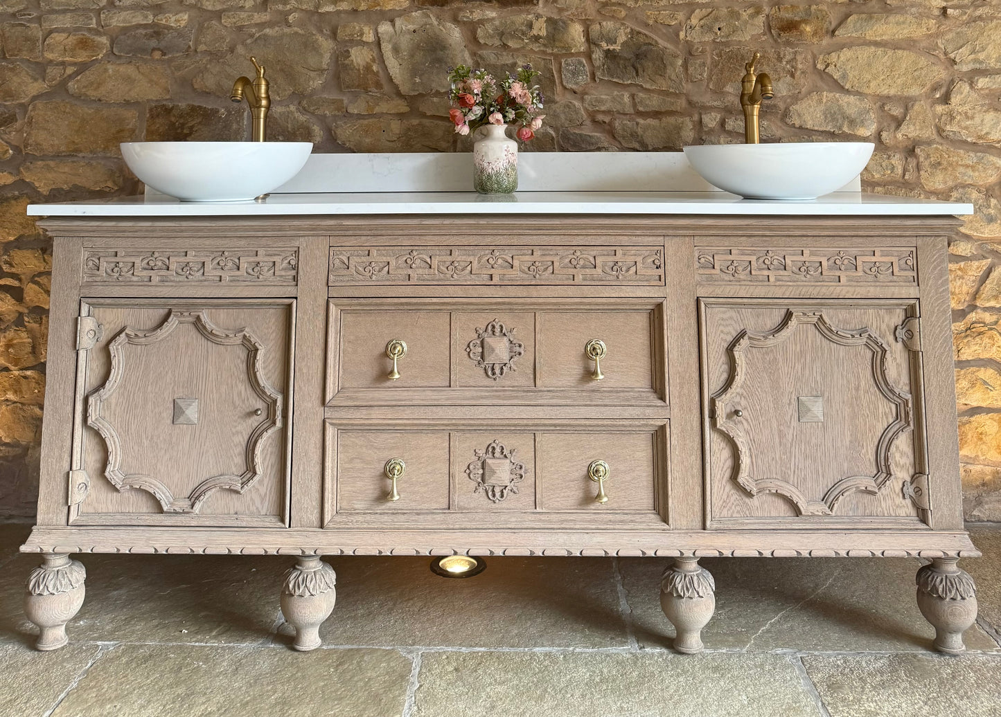 Rustic Large Double Vanity Sink Unit, Quartz top, Upstand and two basins (185cm wide)