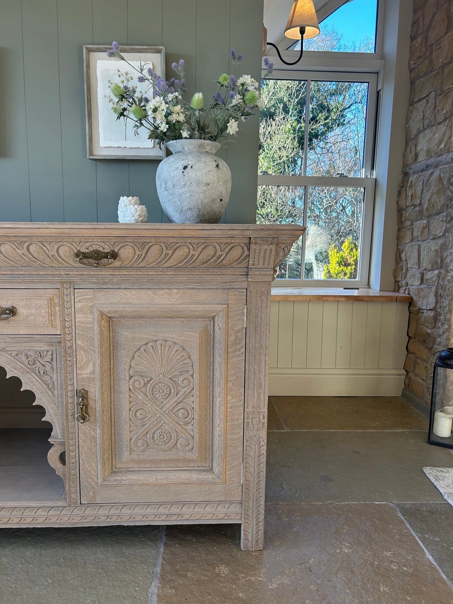 Large Vintage Weathered Oak Sideboard with Ornate Detailing.