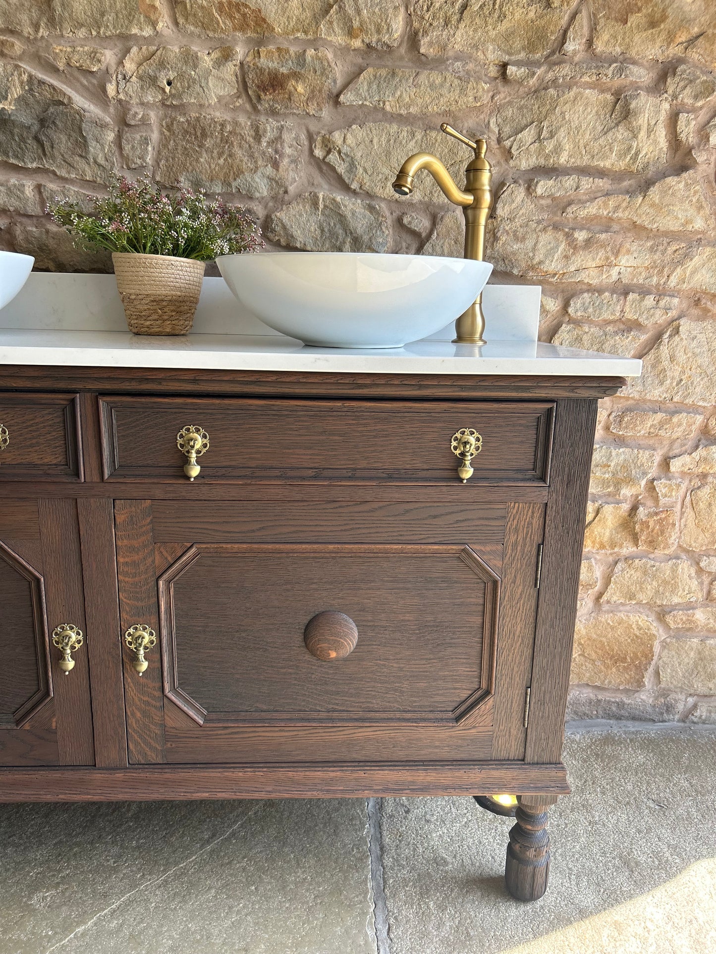 Vintage Double Vanity Sink in Classic Dark Oak, quartz top, Upstand and two basins. (139cm wide)