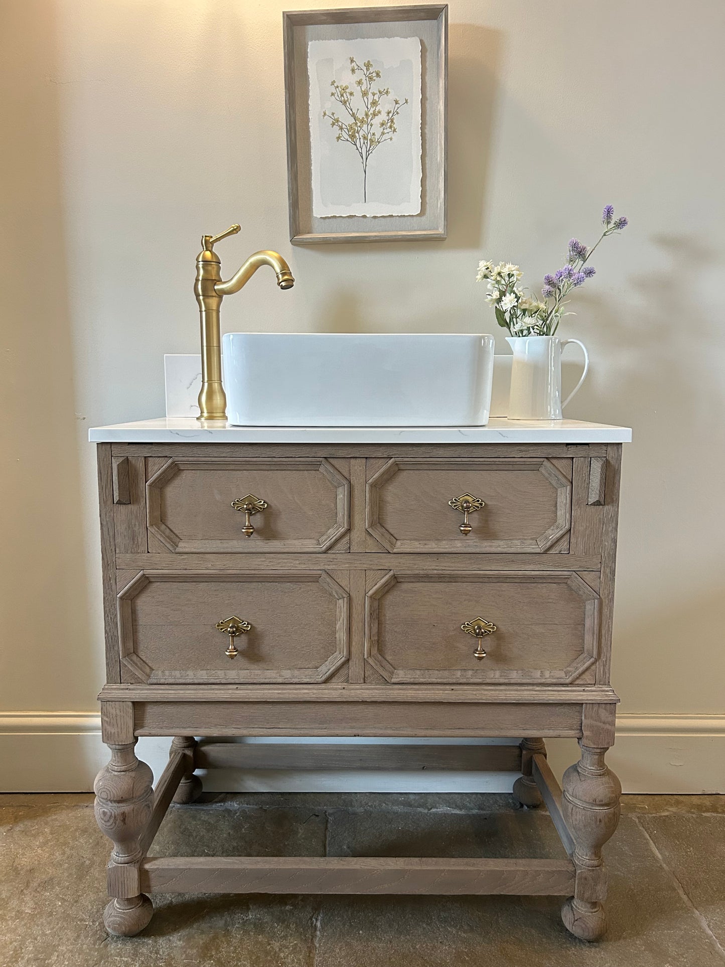 Vintage Weathered oak vanity sink unit with quartz/marble top 76cm wide