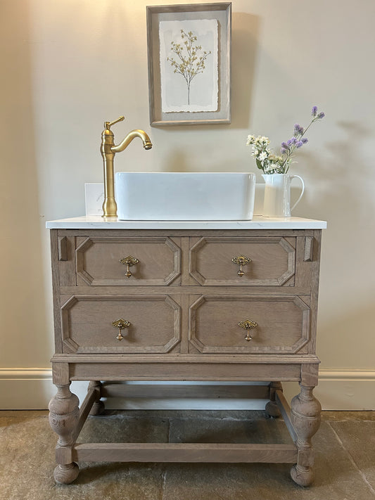 Vintage Weathered oak vanity sink unit with quartz/marble top 76cm wide