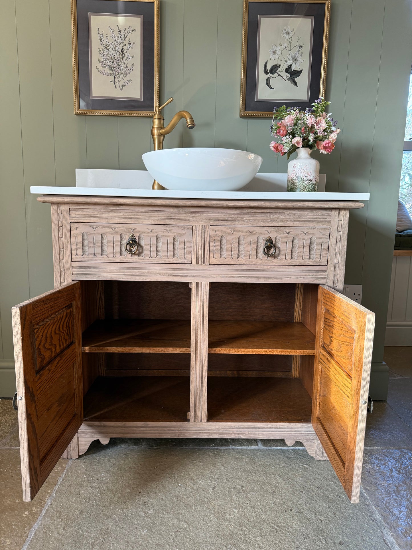 Vintage Light Oak Vanity Sink Unit, Carrara Quartz top, Upstand and Basin (98cm wide)