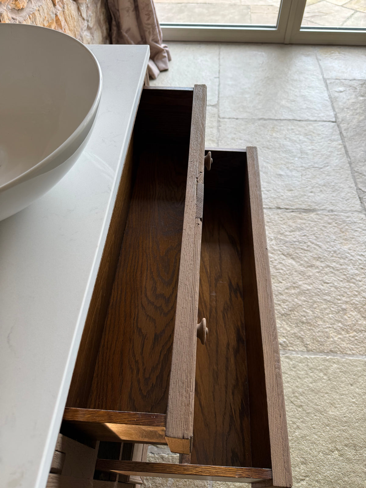 Vintage Oak Vanity Sink Unit, Quartz Top, Upstand and Basin (78cm wide)