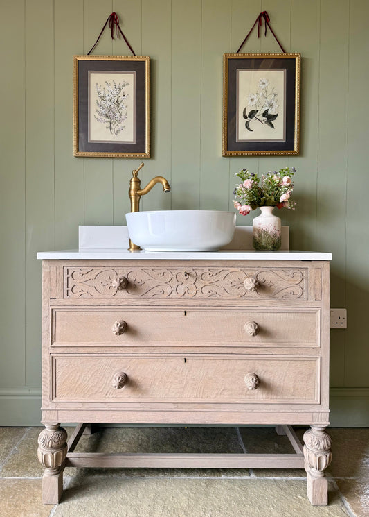 Ornate Light Oak Vanity Sink, Carrara Quartz top, Upstand and basin (90.5cm wide)