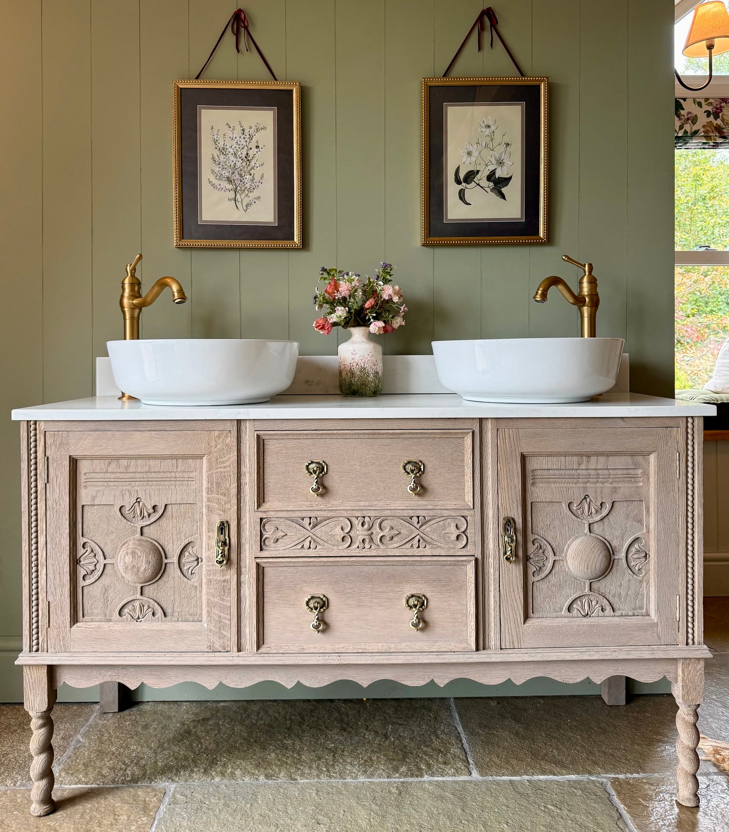 Vintage Solid Oak Double Vanity Sink, Carrara Quartz top and two basins. (137cm wide)