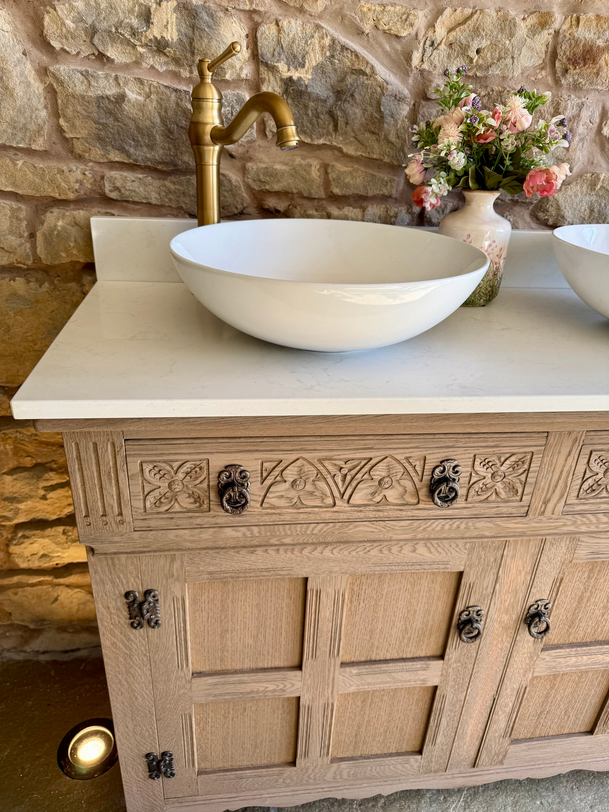 Rustic Oak Vanity Sink Unit, Quartz top, Upstand and two basins(124cm)