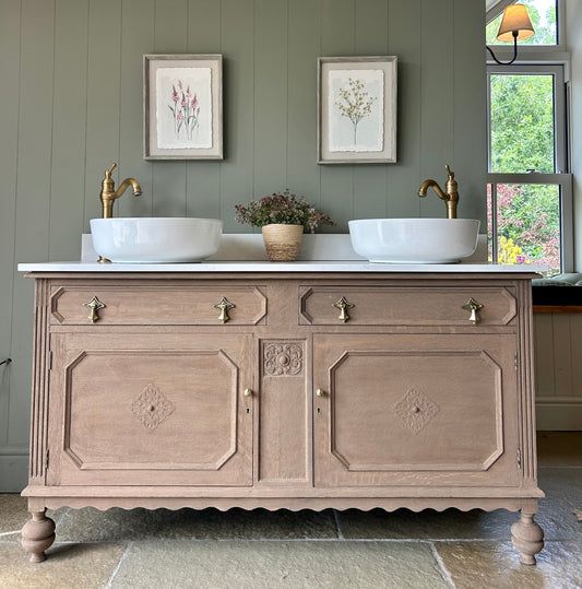 Vintage Double Vanity Sink, Solid Oak, Carrara Quartz top, basins and Upstand. (152cm wide)