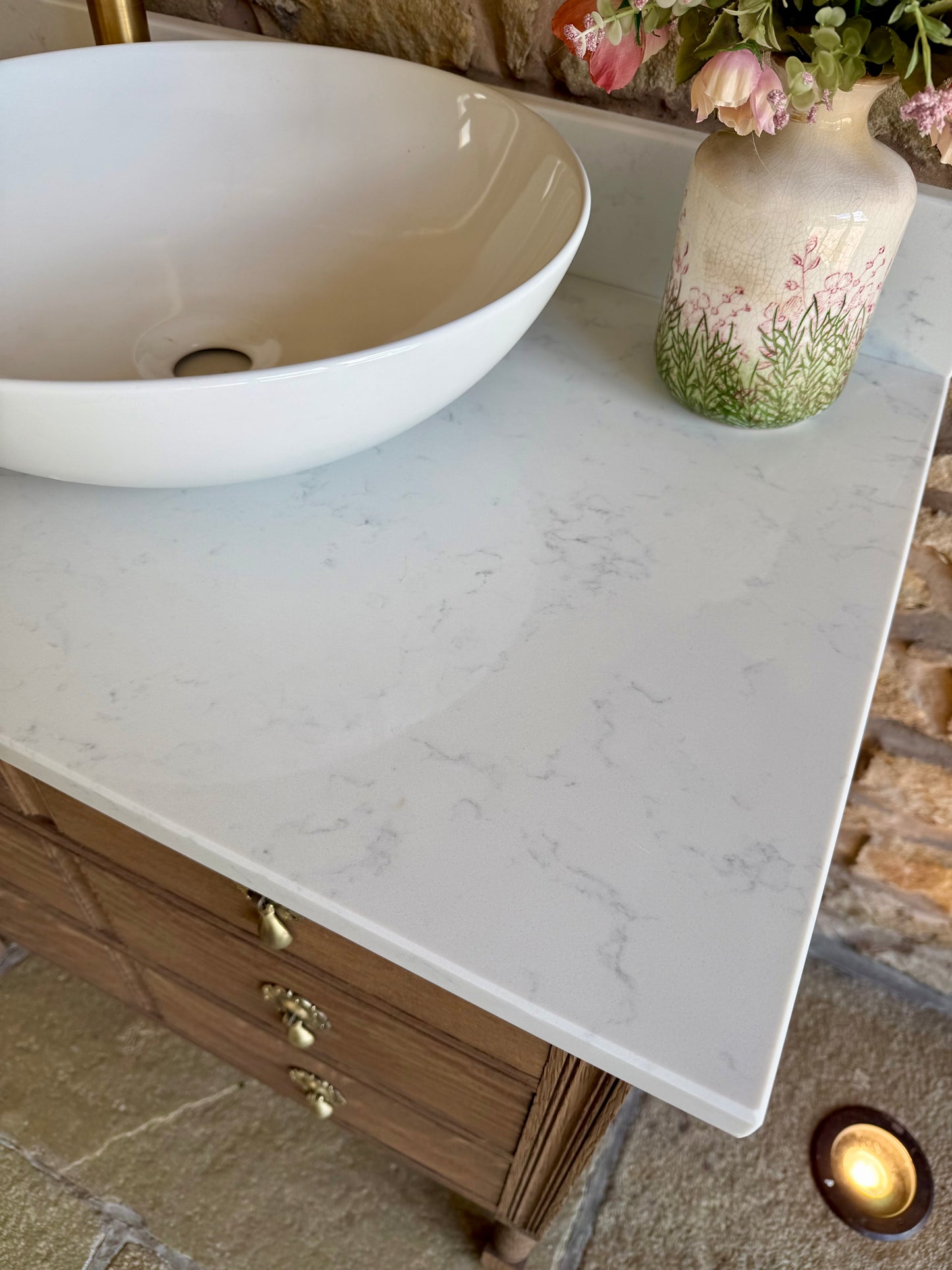 Vintage Oak Vanity Sink Unit, Carrara Quartz Top, Upstand and Basin (78cm wide)
