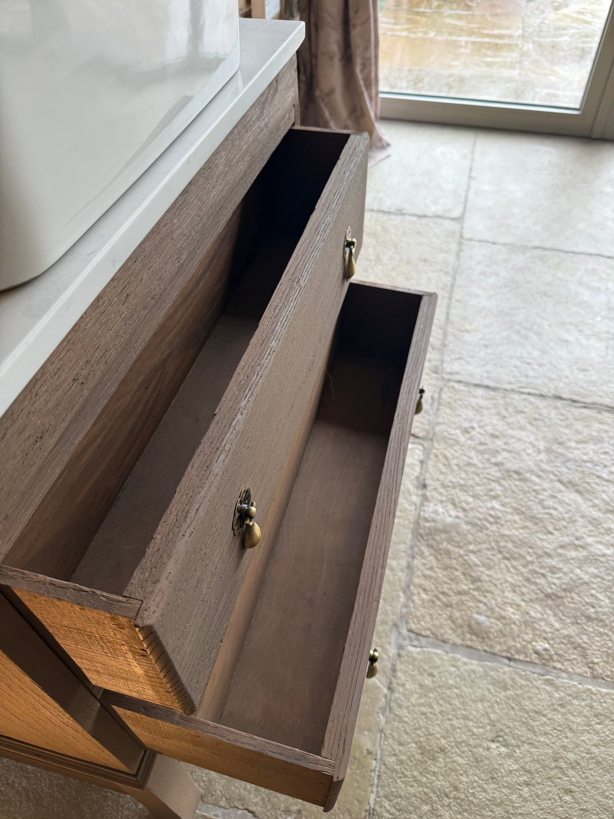 Small Vintage Oak Vanity Sink Unit, Quartz Top, Upstand and Basin (66cm wide)