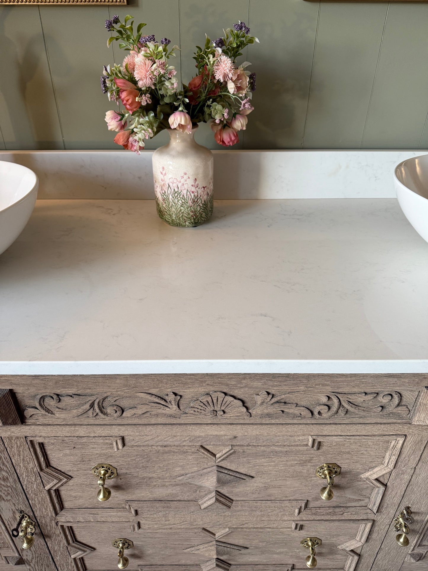 Large Double Vanity Sink Quartz Top, Upstand and Two Basins (155cm)