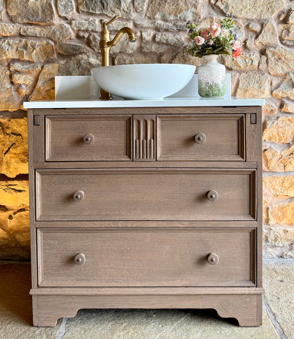 Vintage Oak Vanity Sink Unit, Quartz Top, Upstand and Basin (78cm wide)