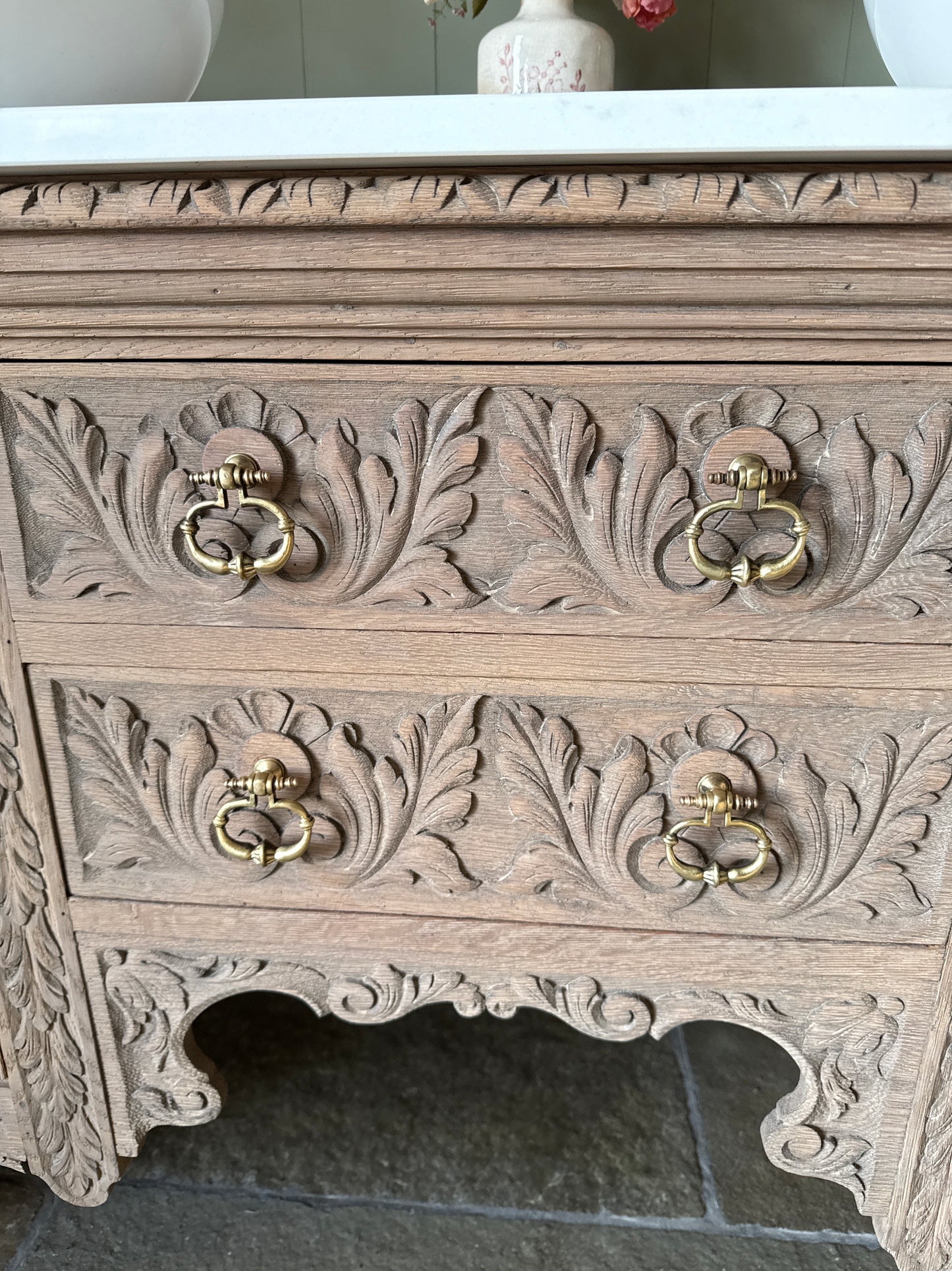 Large Pretty Antique Carved Oak vanity Sink, Carrara Quartz top, Upstand and two basins (154cm wide)