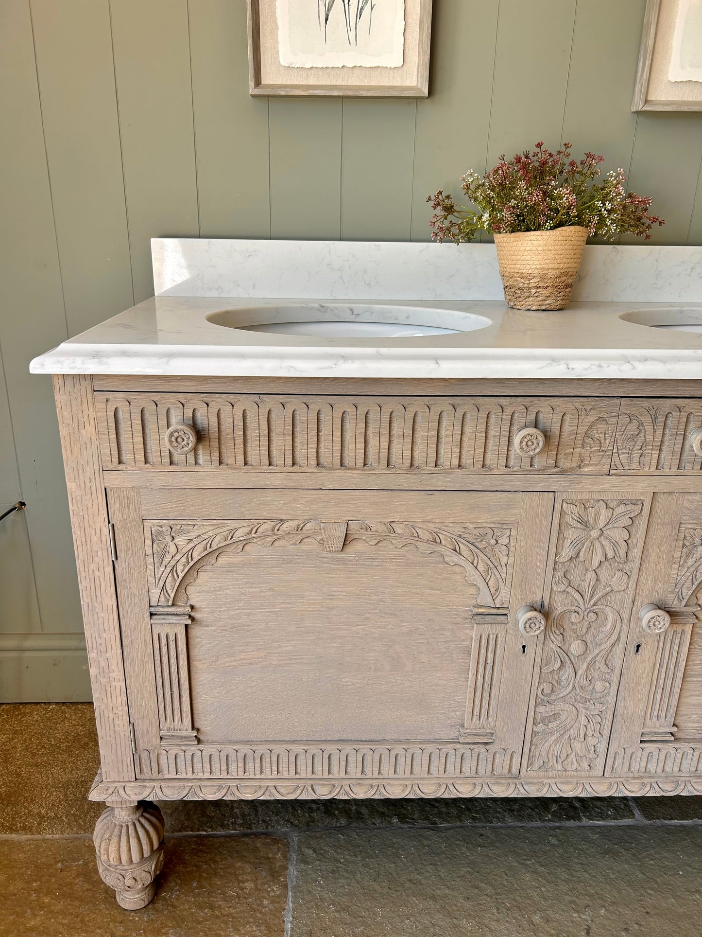 Vintage Light Oak Double Vanity Unit with undermount basins, Ogee edge and upstand.