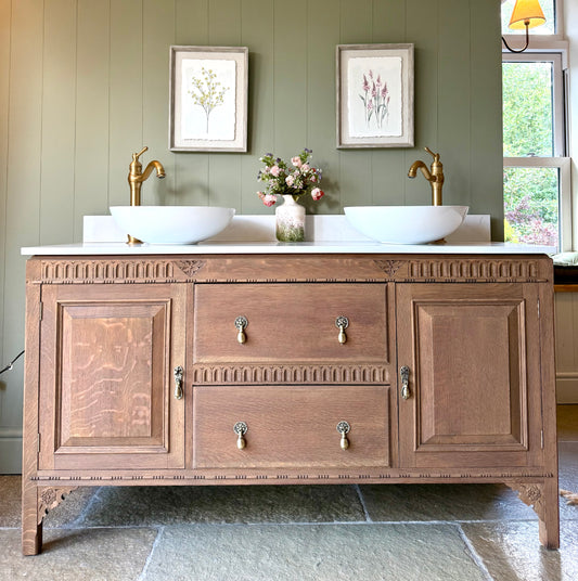 Large Double Vanity Sink, Carrara Quartz top, Upstand and two basins. (154cm wide)