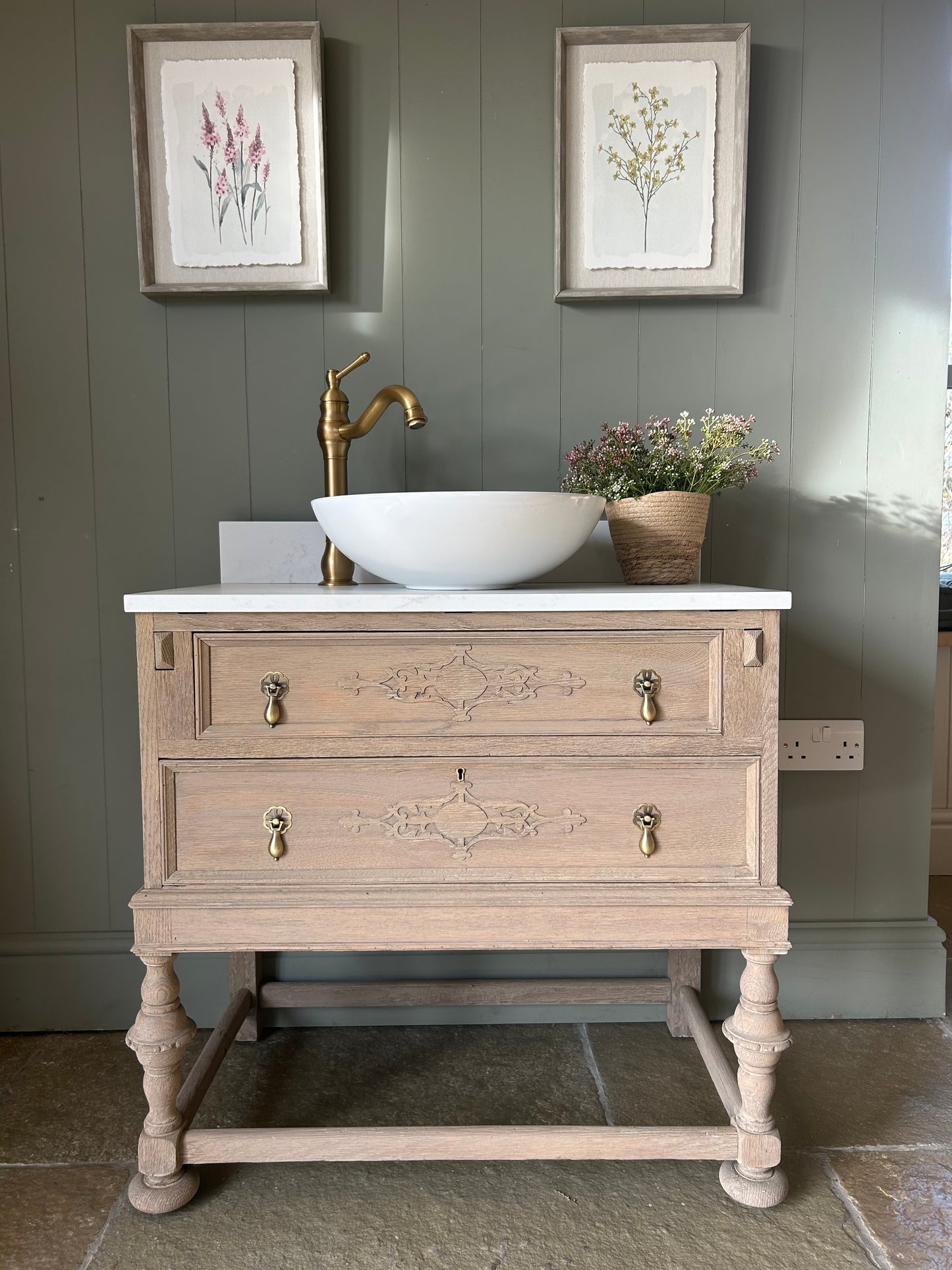 Vintage Weathered oak vanity sink unit with quartz/marble top, basins and upstand 80cm  wide
