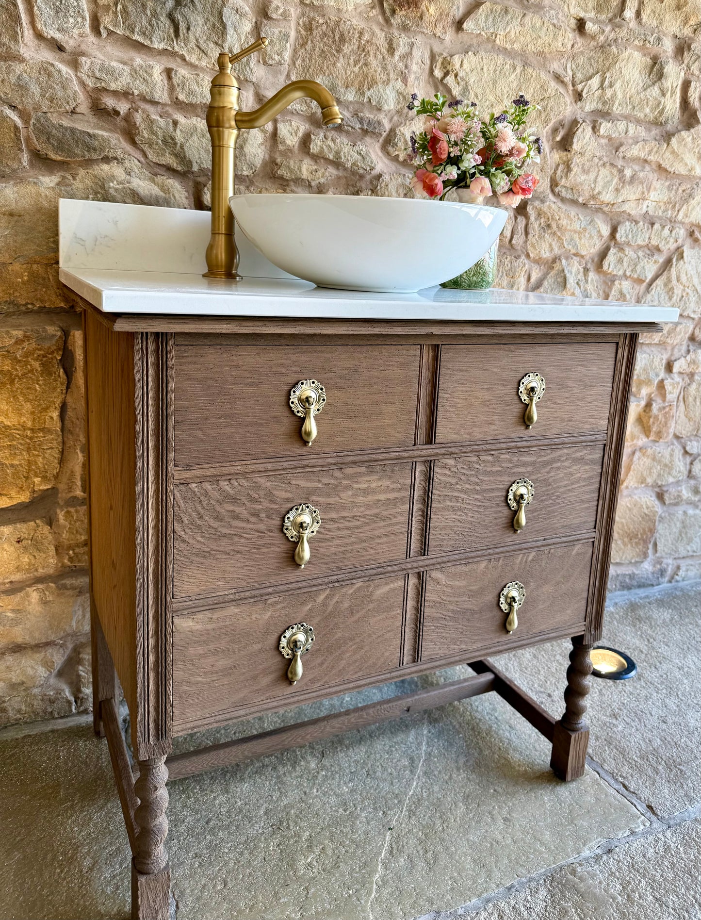 Vintage Oak Vanity Sink Unit, Carrara Quartz Top, Upstand and Basin (78cm wide)