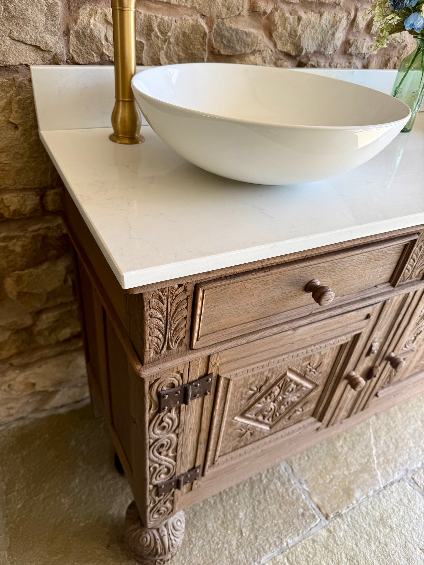 Rustic Antique Oak Vanity Sink Unit, Carrara Quartz Top, Upstand and Two Basins