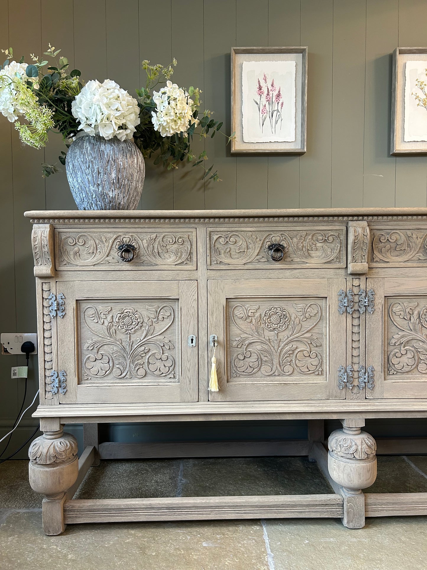 Vintage Carved Weathered Oak Sideboard