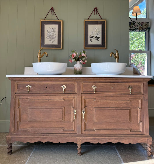 Vintage Oak Double Vanity Sink, Quartz top, Upstand and two basins. (153cm wide)